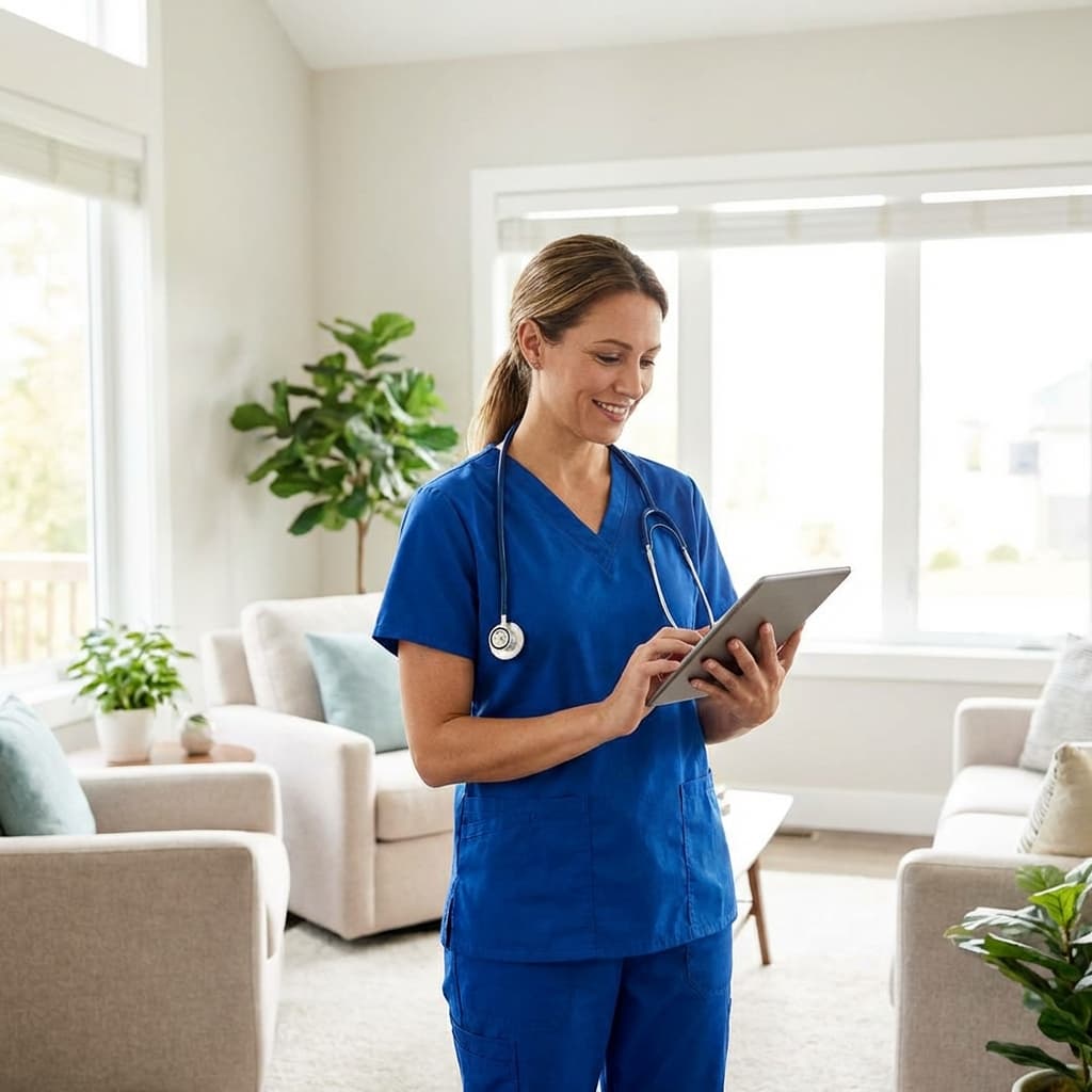 A compassionate OCHEAC nurse speaking with an elderly patient in a warm home environment
