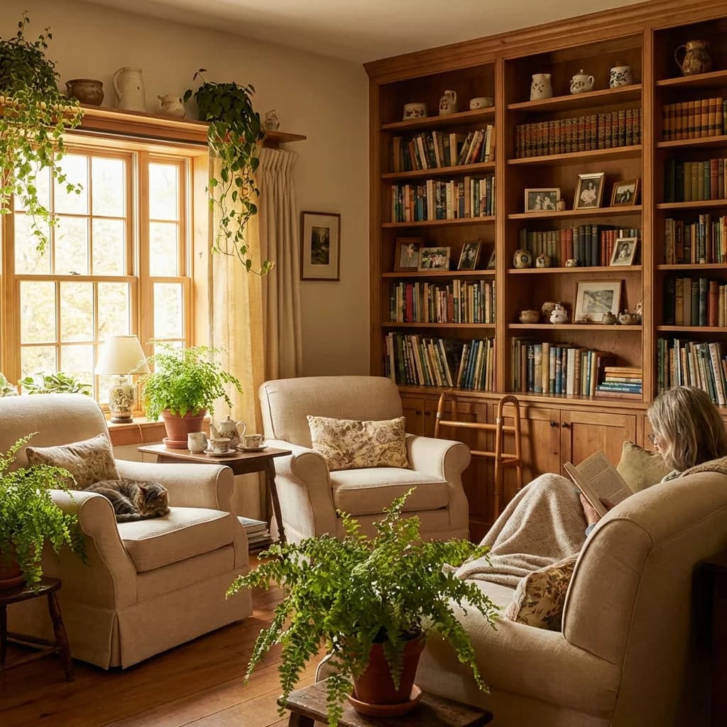 A comfortable, bright living room area with clean furnishings