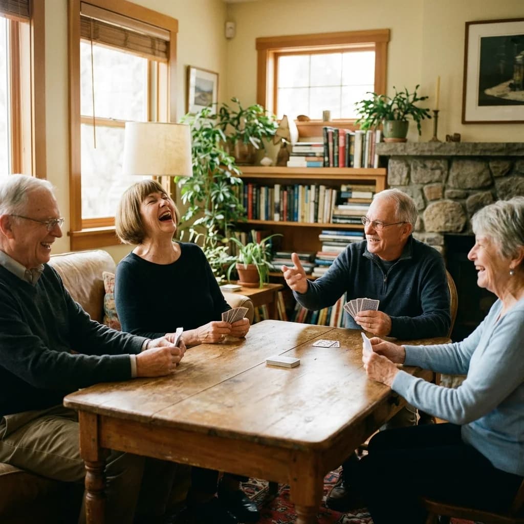 A group of seniors sitting around a table smiling and laughing